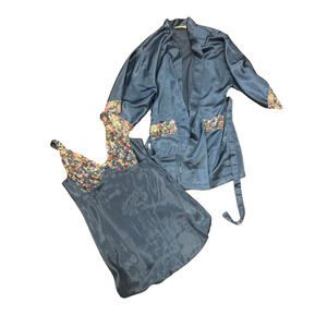 Wendy Ann Vintage Lingerie Pajamas Silk Blue Satin Lace Chemise Robe Set Sz M